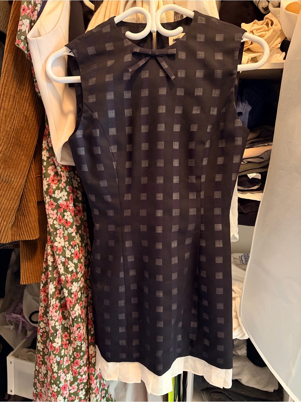Shushutong Sleeveless Black Checked Mini Dress with white Hem